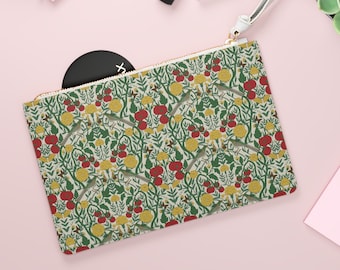 Clutch-Tasche mit Retro-Vögeln und Blumen, Kornblumen-Reißverschlusstasche, schlankes Vintage-Portemonnaie, botanisches Kulturbeutel-Schlüsseletui, florale Morris-Tasche aus Kunstleder