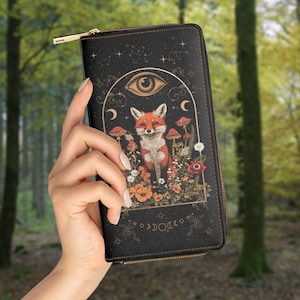 Cartera con cremallera estilo cottagecore con zorro psicodélico, monedero de cuero vegano, billetera delgada con bolsillo para monedas, tarjetero de mano, regalo para amantes de los zorros con motivos florales estilo cottagecore