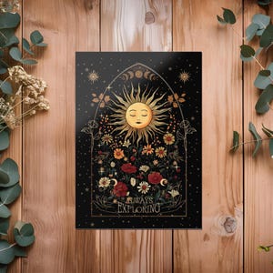 Carte de voeux florale soleil, voeux d'anniversaire solaire céleste, jardin bohème floral mystique, carte de remerciement pour ami, femme, maman 5 x 7 pouces