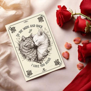 Carte personnalisée d'amour de chats de couple, carte de voeux de style vintage Saint-Valentin, carte d'anniversaire avec nom personnalisé, anniversaire de petite amie femme chat