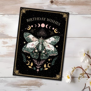 Carte céleste de joyeux anniversaire, carte postale wicca de papillon de nuit, carte de lune ésotérique avec enveloppe, cadeau pour maman sorcière, soeur, art tous voient