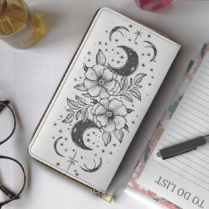 Mondphase Floral Brieftasche, Geldbörse aus veganem Leder mit Reißverschluss, Crescent Lunar Liebhaber Geschenk, Mystische spirituelle Münze Tasche, Tarot Liebhaber Witchcore Geldbörse