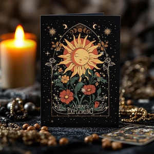 Carte de voeux d'anniversaire solaire céleste, carte de remerciement jardin bohème soleil mystique, nuit étoilée, cadeau pour amateur de tarot, style vintage trippant
