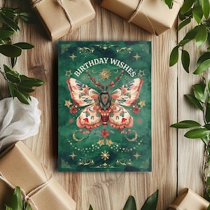 Carte de voeux sorcière verte, voeux d'anniversaire wicca, carte postale de papillon de nuit céleste avec enveloppe blanche, phase de croissant de lune, nuit étoilée de sorcellerie