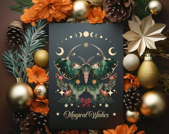 Celestial Moth Witchy Christmas Cards, Moon phase Greeting Card Pack of 5, size 5.8" x 8.2", Vintage style Card, Luna Holiday Wiccan Card