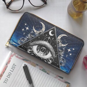 Cartera piramidal de bruja con ojo que todo lo ve, monedero triangular con símbolos ocultos, billetera gótica con cremallera, bolsa de cuero vegano con ranuras para tarjetas, regalo para amantes del tarot