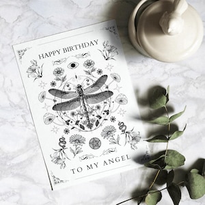 Carte de voeux personnalisée joyeux anniversaire, libellule céleste, voeux magiques de sorcière, design astrologique de style vintage, art floral botanique