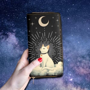 Portefeuille céleste de chat blanc, cuir végétalien avec fermeture éclair, pochette mystique de fée avec porte-cartes et poche pour pièce de monnaie, cadeau chat sorcier pour maman
