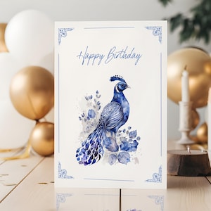 Pfau Geburtstagskarte, Vogel-Thema, Geschenk für Tierliebhaber, große Postkarte mit Umschlag, leere Innenseite, viktorianische minimalistische Kunst