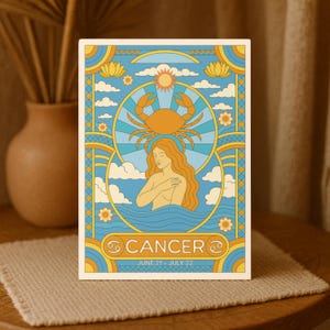 Tarjeta de cumpleaños de Cáncer, zodíaco retro bohemio, saludo celestial, tarjeta de 5x7, bendiciones astrológicas, regalo estético vintage para una amiga bruja.