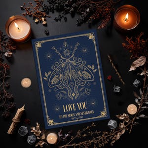 Carte de voeux Luna Moth Love, carte Celestial Wife Girlfriend Valentines, anniversaire de sorcellerie, cadeau spirituel pour les amateurs de gothique, art du mauvais œil