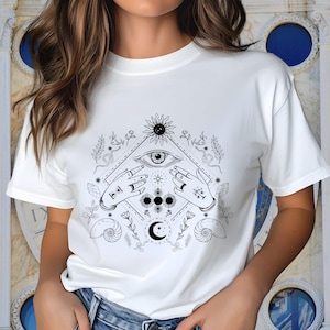 All seeing Eye Tee, Sun and Moon goddess shirt, Witchcraft celestial tshirt, prosperity and harmony symbols, occult pagan fantasy art