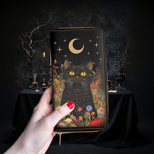Witchy florale Katzen Geldbörse, veganes Leder mit Reißverschluss, mystische Fairycore Clutch mit Kartenhalter und Münzfach, Mondlicht schwarz, Katzen Geschenk