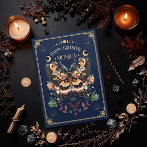 Carte d'anniversaire personnalisée papillon floral céleste, nom personnalisé bday, phase de lune spirituelle sorcière, cadeau magique païen pour dame wicca