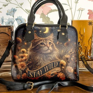 Bolso de hombro con diseño de gato de luna mágica, bolso con correa extraíble, bolso de cuero vegano brillante, bolso cruzado con cremallera, bolso retro con diseño de animal, arte de gato de fantasía