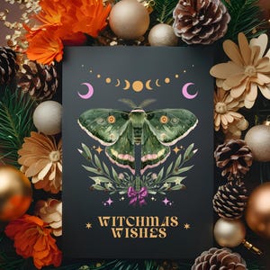 Lot de 5 cartes de voeux papillon vert céleste sorcière, phase de lune, carte de style vintage 5,8 x 8,2 po., carte Luna Holiday wiccan