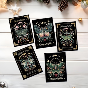 Cartes de Noël de papillon de nuit ésotérique, 5 cartes de voeux de phase de lune céleste, carte de style vintage, carte Wicca de vacances Luna, blanc à l'intérieur, cadeau de sorcellerie