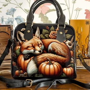 Sleepy Fox Pumpkin bolso correa de hombro extraíble, bolso pequeño de bruja crossbody, bolso de mango de viaje bolso casual Forestcore Cottagecore peludo