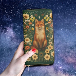 Portefeuille zippé en renard Art nouveau, sac à main de style bohème floral vintage, pochette en cuir végétalien cottagecore avec fleurs, pochette pour amoureux du renard naturecore