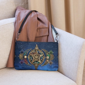 Sac à bandoulière Witchy avec signe pentagone, porte-monnaie oeil qui voit tous, sacoche lune et étoiles avec bandoulière amovible, portefeuille croissant céleste