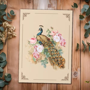 Tarjeta de felicitación con rosas vintage, tarjeta de agradecimiento con plumas de pavo real retro, regalo de cumpleaños, tarjeta de boda estilo art nouveau con jardín victoriano y sobre.