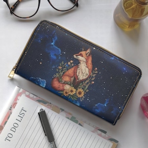 Celestial lindo Fox Wallet, bolso de cremallera de noche estrellada, bolso de embrague Boho, bolsa de flores silvestres Ranura para tarjeta Dark Academia Bolsa de dinero gótico vintage