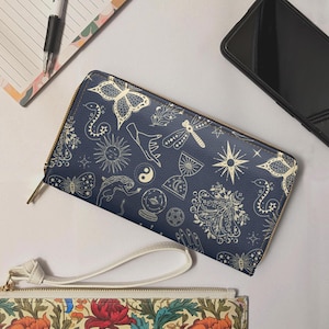 Himmlische Geldbörse, astrologische Reißverschlusstasche mit Kartenfächern, vegane Leder Reißverschlusstasche, magische Clutch, mystisches Mondkind Geschenk