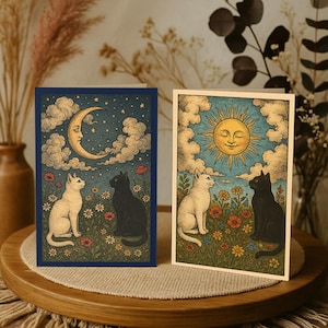 Lot de 2 cartes de voeux avec des chats, un félin noir et blanc, des cartes d'anniversaire florales boho vintage, une carte postale céleste de 10 x 15 cm, un soleil et une lune sorcier