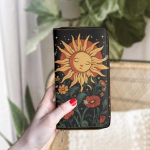 Feine Geldbörse, Boho Geldbörse mit Reißverschluss, veganes Leder Täschchen mit Kartenfächern, Sonnenkunst, Sonnenkunst, Mutter Geschenk