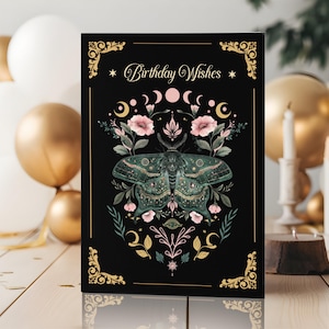 Magische Motte Geburtstagskarte, Celestial Grußkarte, Witchy Style Moon Child Geschenk, Esoterische große Karte mit Umschlag, leere Innenseite Wicca Karte