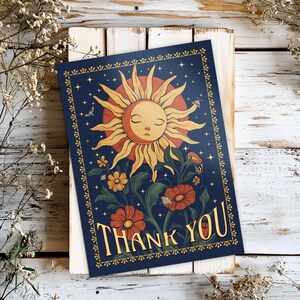 Carte de remerciement soleil céleste, carte d'anniversaire jardin solaire, cadeau pour amateur de tarot, carte cottagecore bohème 5 x 7 po., carte postale de style vintage, anniversaire de maman