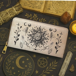 Cartera con cremallera de sol gótico, monedero vintage de calavera oscura, bolso de cuero vegano de bruja mística, cartera solar retro con cremallera, bolso de mano pagano de brujería