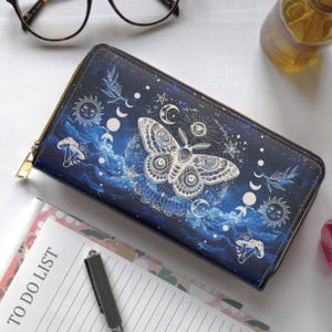 Himmlische Motten-Brieftasche, Pilz-Clutch, Mondphasen-Pilz, Mystische Hexen-Geldbörse, Solar-Geldbörse mit Reißverschluss, Tarot-Beutel aus veganem Leder mit Kartenfächern