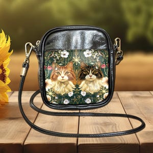 Sac à main victorien chats, mini sac à bandoulière en cuir végétalien noir, petit sac à bandoulière floral maman chat, mini sac pour téléphone en cuir PU mignon pochette