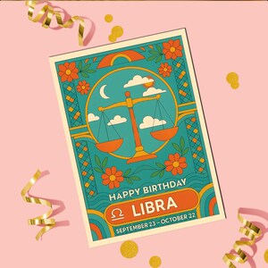 Geburtstagskarte Waage, Boho Retro Sternzeichen, Himmlische Gruß 5x7 Karte, Astrologie Segen, Vintage ästhetisches Geschenk für witchy Freund