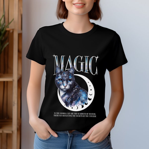 Witchy celestial tee Magic Cat top Starry night Galaxy stars gift Astrology top Esoteric cat mom Tshirt Cat Lover Bootleg y2k 2000s shirt