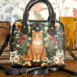 Sac à main chat roux fleuri avec bandoulière amovible, mini sac à main boho fleuri à bandoulière art nouveau, sac de selle décontracté pour amoureux des chats
