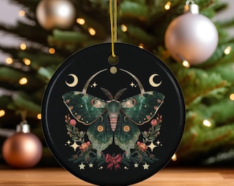 Christmas moth hanging décor, Witchy ceramic ornament, yule celestial butterfly, vintage whimsigoth inspired, occult xmas tree decoration