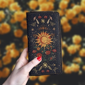 Portafoglio con cerniera solare cottagecore, borsa in pelle vegana, portafoglio sottile con tasca portamonete, porta carte, notte stellata mistica boho