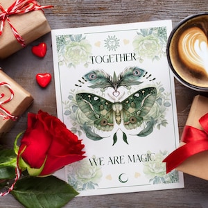 Carte de voeux papillon céleste de la Saint-Valentin, cadeau d'amour sorcière verte, grande carte ésotérique, carte postale magique astrologique, symbole wicca, enfant lune