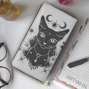 Monedero de gato celestial Bolso de cuero vegano con cremallera Regalo lunar creciente, Bolsa de monedas espirituales místicas, Monedero Tarot Witchcore, Felino mágico