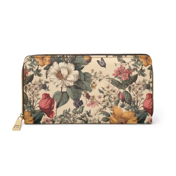 Purse Vintage Flower Wallet for Women Printed Faux Cottagecore Zipper Wallet, Boho Floral Clutch Vegan Leather Gift Zipper