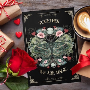 Biglietto d'auguri con la falena nera di San Valentino, regalo d'amore della strega verde, biglietto esoterico di grandi dimensioni, cartolina di magia occulta astrologica, simbolo wiccan celeste