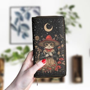 Portefeuille à fermeture éclair chat floral Cottagecore, sac à main de style vintage bohème félin, pochette en cuir végétalien, cadeau pour maman chat, art des bois fantastique champignons