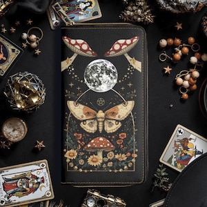 Portefeuille sorcière céleste, pochette cottage en cuir végétalien avec mite, champignons vénéneux, magie de la lune et étoiles, porte-monnaie et porte-cartes Woodland, signe païen