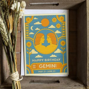 Tarjeta de cumpleaños Géminis, Zodíaco retro bohemio, Tarjeta de felicitación celestial de 5x7, Bendiciones astrológicas, Regalo estético vintage para una amiga bruja.