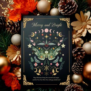 Esoterische Weihnachtskarte, Himmlische Motte, Mondphase Grußkarte Vintage Stil Karte, Luna Feiertags Wicca Karte, leere Innenseite, witchy Geschenk