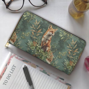 Portefeuille Cottagecore Boho Fox Zipper, sac à main en cuir végétalien, portefeuille mince avec poche à monnaie, pochette porte-cartes, cadeau vintage pour amateur de renard mystique