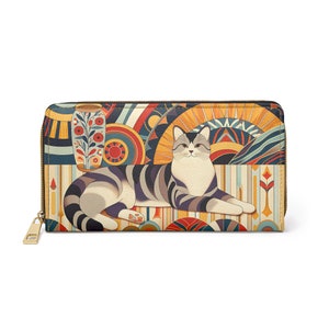 Cartera de gato de mediados de siglo para mujer, moderna cartera con cremallera, monedero bohemio de piel sintética vegana, regalo para mamá gatuna, monedero estético, gato étnico.