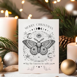 Lot de 5 cartes de Noël sorcières blanches, carte de voeux magiques, taille 5,8 x 8,2 po., carte papillon de nuit, carte de vacances d'hiver Luna, cadeau papillon wicca